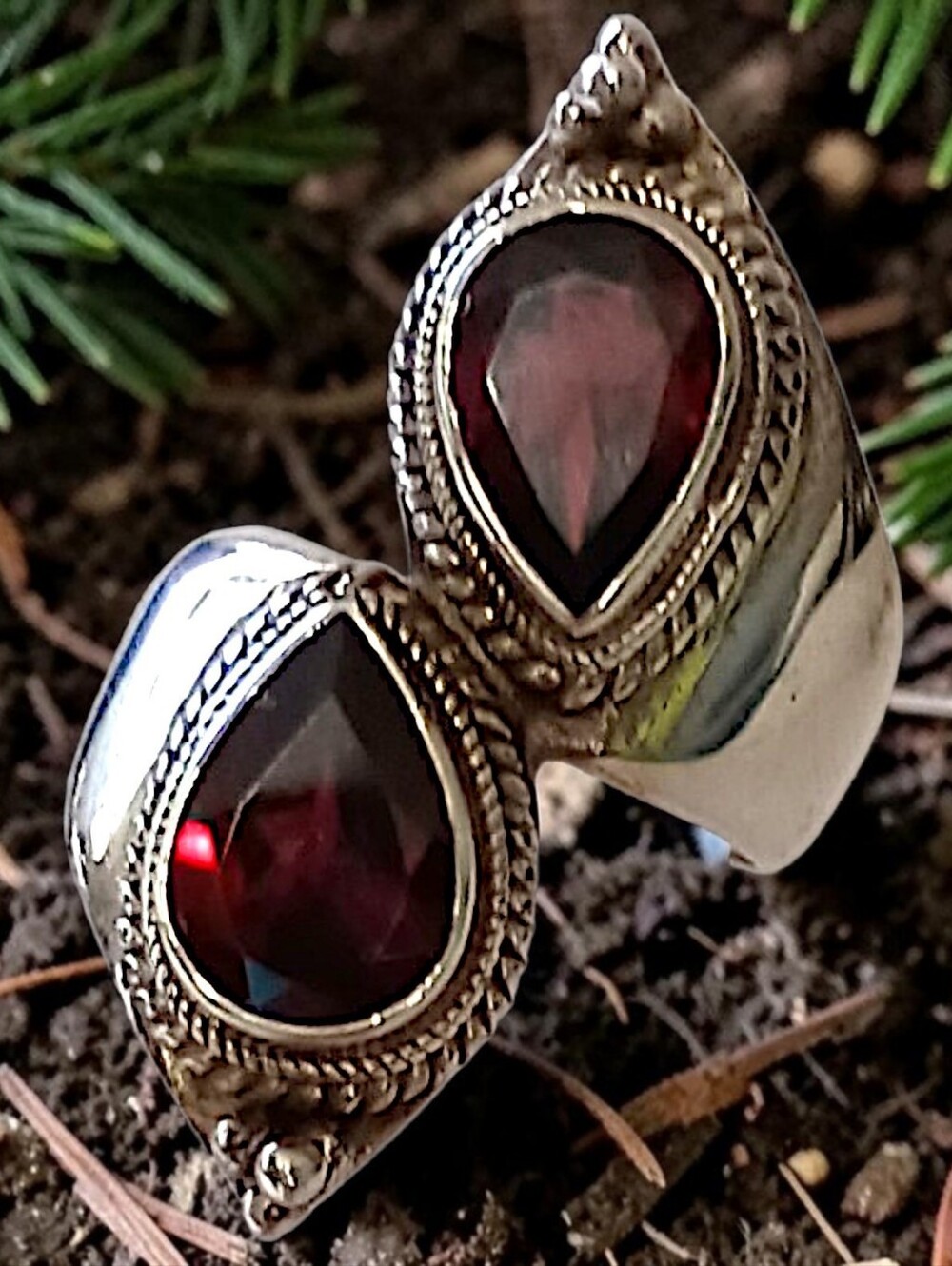 Vtg Sterling Silver Garnet Bypass Ring Sz 7 Double Pear Cut 10g Statement Chunky